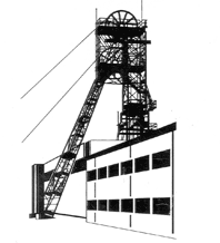 Schwarz-Weiß-Zeichnung Bergwerk