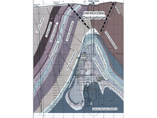 The sectional drawing of the mountain shows how close the mining chambers come up to the overlying rock.