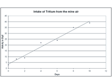 The chart shows the intake of tritium from the mine air. Values measured in a time period of 10 days clarify the constant increase of the tritium load.