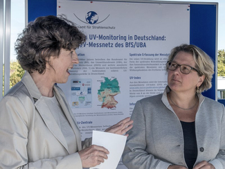 BfS-Präsidentin Dr. Inge Paulini und Bundesumweltministerin Svenja Schulze vor einem Plakat zum UV-Messnetz des BfS (ausgwähltes Bild)