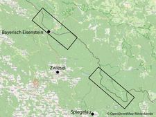 Karte mit Markierungen zu den Messgebieten an der deutsch-tschechischen Grenze bei Bayerisch Eisenstein und Spiegelau