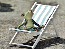A frog statue on a miniature deck chair