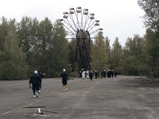 Participants of the measurement exercise in front of the abandoned ferris wheel in Pripyat