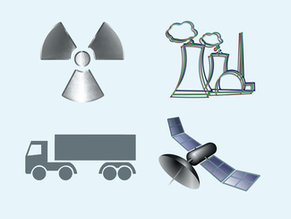 Radioaktivitäts-Symbol, Skizze eines Kernkraftwerks, LKW, Satellit
