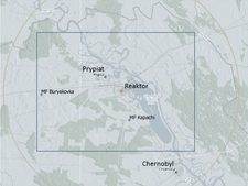 30-Kilometer-Zone des Reaktors Tschernobyl mit eingeblendetem Messgebiet (Rechteck) und Lage der zwei Messfelder Kapachi und Buryakovka
