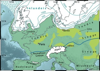 Beispielhafte Darstellung der Eisverbreitung in Nordeuropa während der Saale-Kaltzeit.